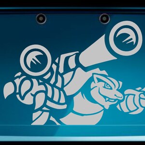 May include: A white vinyl decal of a grey, reptilian Pokemon character with a gun on a blue Nintendo 3DS.