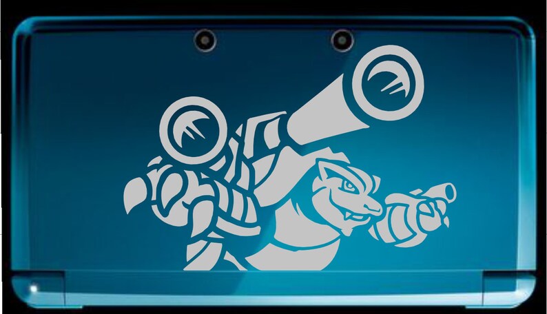 May include: A white vinyl decal of a grey, reptilian Pokemon character with a gun on a blue Nintendo 3DS.