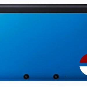 May include: A blue Nintendo 3DS handheld gaming console with a red and white Pokeball sticker on the back.