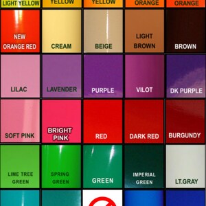 May include: A chart of available colors for a product. The colors are arranged in a grid with 12 rows and 5 columns. The colors include light yellow, signal yellow, golden yellow, pastel orange, orange, new orange red, cream, beige, light brown, brown, lilac, lavender, purple, vilot, dk purple, soft pink, bright pink, red, dark red, burgundy, lime tree green, spring green, green, imperial green, lt.gray, turquoise, teal, blue, blueberry, cobalt, navy, silver, gold medal, copper, gray, matte black, black, matte white, and white.