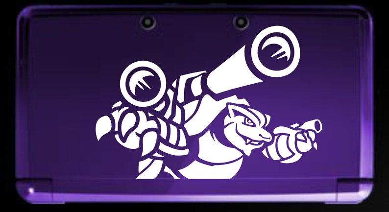 May include: White vinyl sticker of a cartoon monster with two cannons on its back. The monster is facing right and has a toothy grin. The sticker is on a purple Nintendo 3DS.