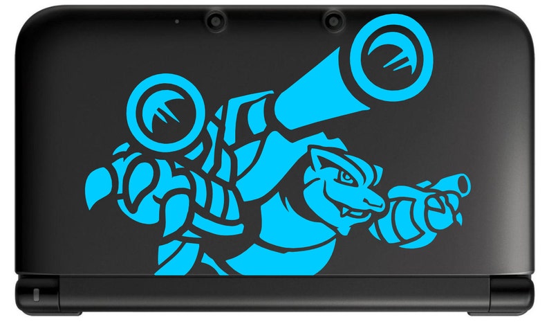 May include: A blue and black Nintendo 3DS XL console with a custom decal of a blue Pokemon character with a gun.