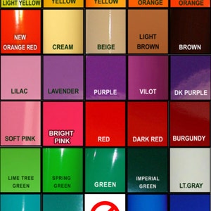 May include: A chart of available colors for a product. The colors are arranged in a grid with 12 rows and 5 columns. The colors include light yellow, signal yellow, golden yellow, pastel orange, orange, new orange red, cream, beige, light brown, brown, lilac, lavender, purple, vilot, dk purple, soft pink, bright pink, red, dark red, burgundy, lime tree green, spring green, green, imperial green, lt.gray, turquoise, teal, blue, blueberry, cobalt, navy, silver, gold medal, copper, gray, matte black, black, matte white, and white.