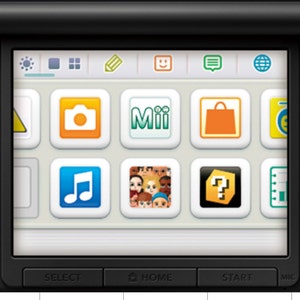 May include: A black Nintendo 3DS handheld gaming console with a white Pok&eacute; Ball design on the right side. The top screen displays a menu with icons for various apps, including a camera, Mii, a shopping bag, music, and a question mark. The bottom screen shows the words "Select", "Home", and "Start".