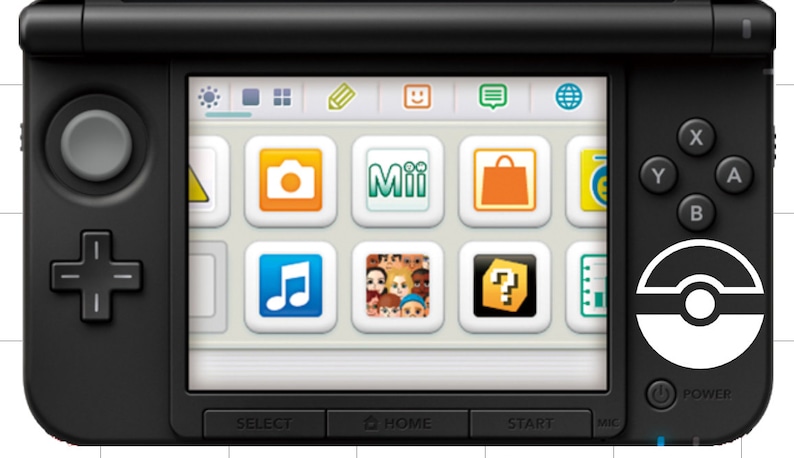May include: A black Nintendo 3DS handheld gaming console with a white Pok&eacute; Ball design on the right side. The top screen displays a menu with icons for various apps, including a camera, Mii, a shopping bag, music, and a question mark. The bottom screen shows the words "Select", "Home", and "Start".