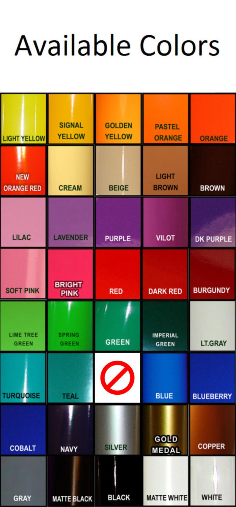 May include: A chart of available colors for a product. The colors are arranged in a grid with 10 rows and 5 columns. The colors include light yellow, signal yellow, golden yellow, pastel orange, orange, new orange red, cream, beige, light brown, brown, lilac, lavender, purple, vilot, dk purple, soft pink, bright pink, red, dark red, burgundy, lime tree green, spring green, green, imperial green, lt.gray, turquoise, teal, blue, blueberry, cobalt, navy, silver, gold medal, gray, matte black, black, matte white, and white.