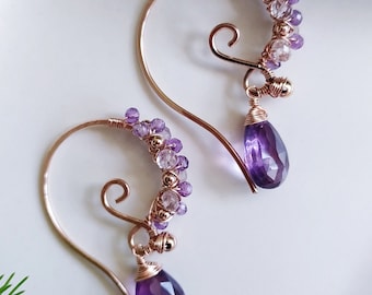 Special Amethyst Earrings/ Wire Wrapped Amethyst Gemstones/ Dangle Jewelry/ Gold Tear Drop Bohemian Earrings/ Gemstone Earrings / Birthstone