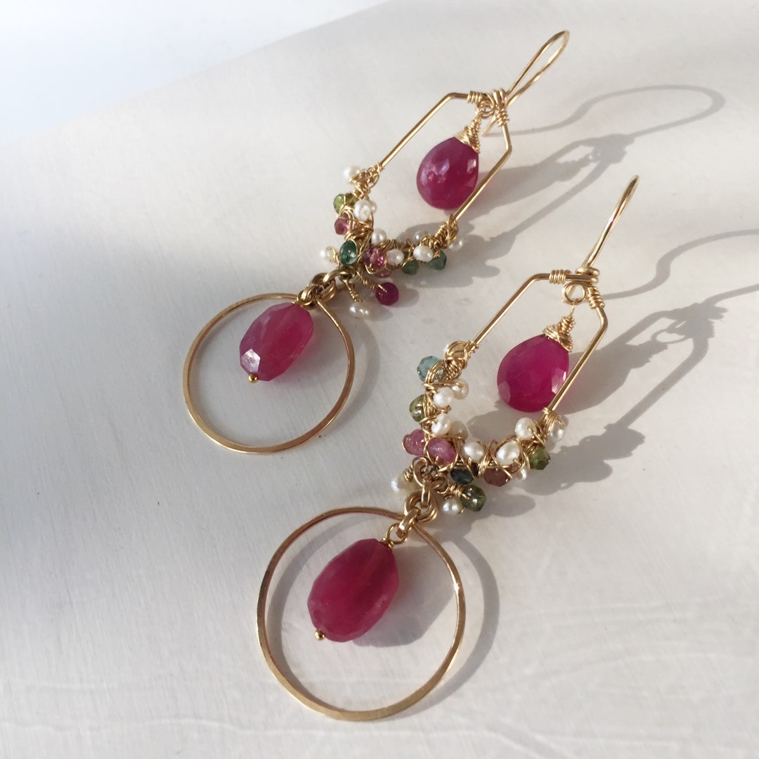 Ruby Earrings / Wire Wrapped Ruby Earrings / Multi Stone Earrings ...