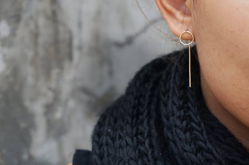 Circle and Line Earrings, Minimal Earrings, Circle Earrings, Gold Long , Rose Gold Filled, Gold Filled, Sterling Silver