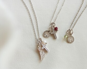 Angel Wing, Cross and Birthstone Necklace / Sterling Silver Necklace / Single Stone Necklace / Gift For Her / Charm Necklace