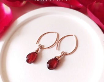 January Birthstone Earrings, Perseverance and Strength, Garnet Drop Earrings in Gold or Rose Gold, Birthday, Christmas Gift