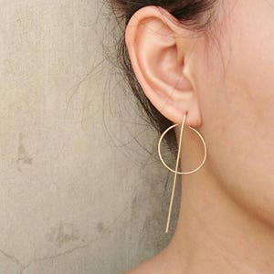 Big Circle and Long Line Modern Earrings, Hoops earrings, Minimalist Ear Jackets, Rose Gold Filled, Gold Filled, Sterling Silver c1