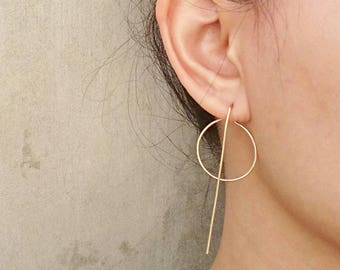 Big Circle and Long Line Modern Earrings, Hoops earrings, Minimalist Ear Jackets, Rose Gold Filled, Gold Filled, Sterling Silver c1