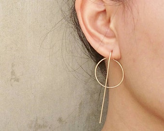 Long Line and Karma / Circle Modern Earrings, Hoops earrings, Minimalist Ear Jackets, Rose Gold Filled, Gold Filled, Sterling Silver