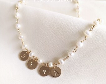 Custom Name and Pearl Necklace, Gold Pearl Necklace, Initials Choker, Pearl Choker, Layering Necklace, Christmas Gift, Birthday, Anniversary