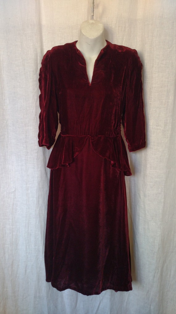 Vintage 40's Bordeaux Velvet Peplum Dress