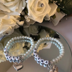 Personalised Children, child faux pearl bracelet White Flower Girl or Bridesmaid wedding gift