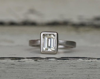 Emerald Cut Moissanite Ring: Handmade Platinum Solitaire
