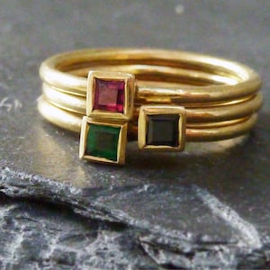 Gold stacking rings, three 18ct yellow gold rings with a ruby, emerald and sapphire -special offer for a set of 3