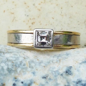 Square solitaire diamond engagement ring in platinum and gold