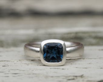 Handmade London Blue Topaz Ring: Cushion Cut Sterling Silver
