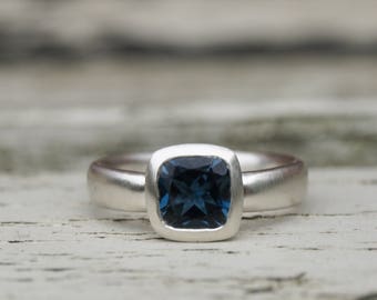 London blue topaz cushion cut ring; cushion cut silver ring