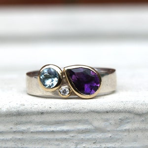 Birthstone ring with amethyst, aquamarine and diamond image 2