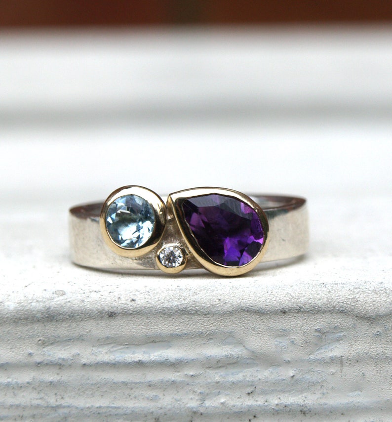 Birthstone ring with amethyst, aquamarine and diamond image 2