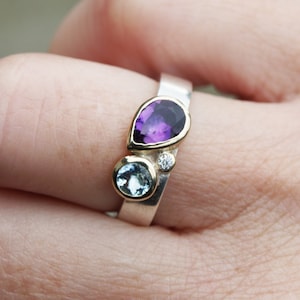 Birthstone ring with amethyst, aquamarine and diamond image 5