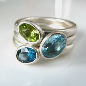 Stackable rings, gemstone rings ,Aquamarine. peridot , London blue topaz, sterling silver rings