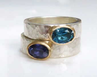 Hammered recycled silver and gold blue gemstone ring