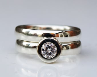 9ct recycled white gold moissanite ring set