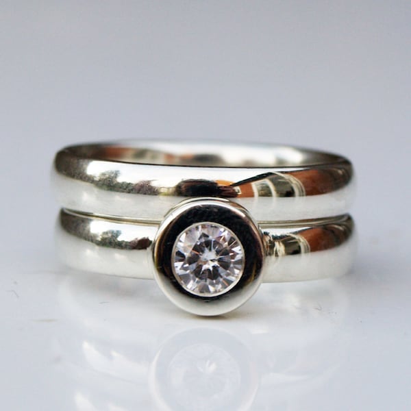 Ethical 9ct recycled white gold moissanite ring set