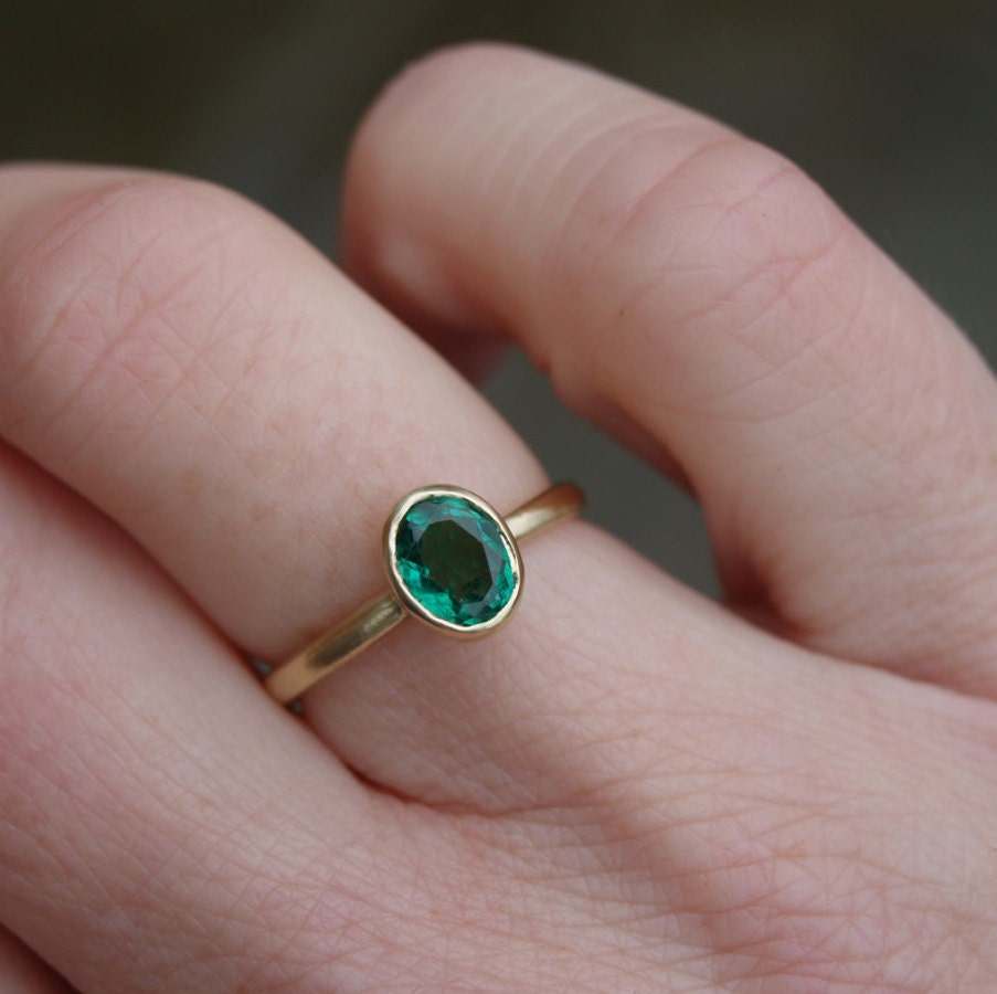 18ct recycled yellow gold emerald ring, oval emerald ring