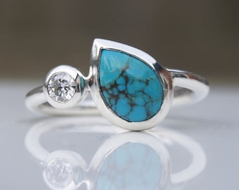 Turquoise and diamond birthstone ring in recycled silver