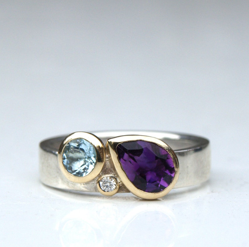 Birthstone ring with amethyst, aquamarine and diamond image 3
