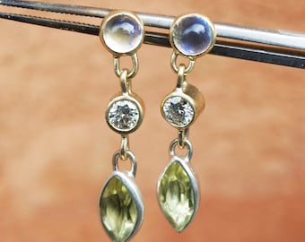 Moonstone, moissanite and lemon quartz drop earrings