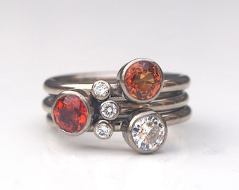 Orange sapphire and diamond stacking set in 18ct white gold