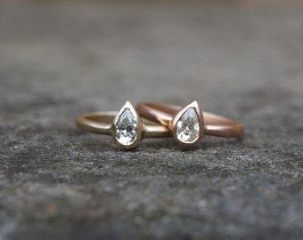 Pear moissanite ring in recycled rose gold, rose gold solitaire