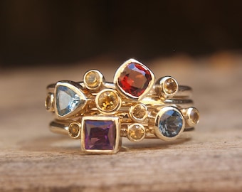 Multi gemstone stacking set in 9ct yellow gold