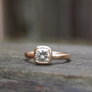 Recycled rose gold 1 ct Forever One moissanite ring set, cushion cut engagement ring set image 5