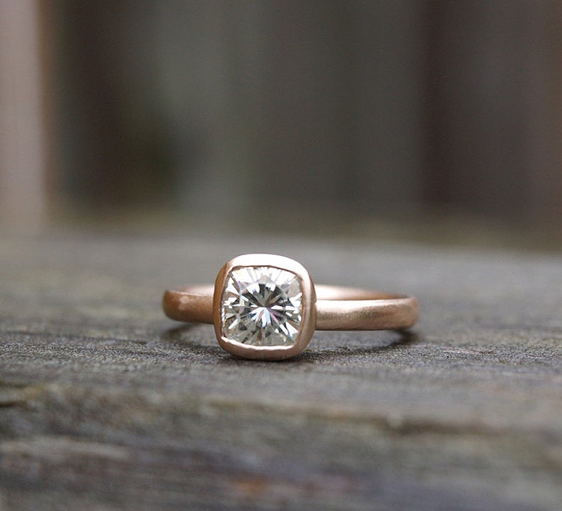 Recycled rose gold 1 ct Forever One moissanite ring set, cushion cut engagement ring set image 5