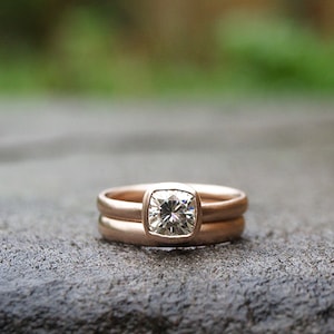 Recycled rose gold 1 ct Forever One moissanite ring set, cushion cut engagement ring set image 1