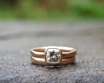 Recycled rose gold 1 ct Forever One moissanite ring set, cushion cut engagement ring set