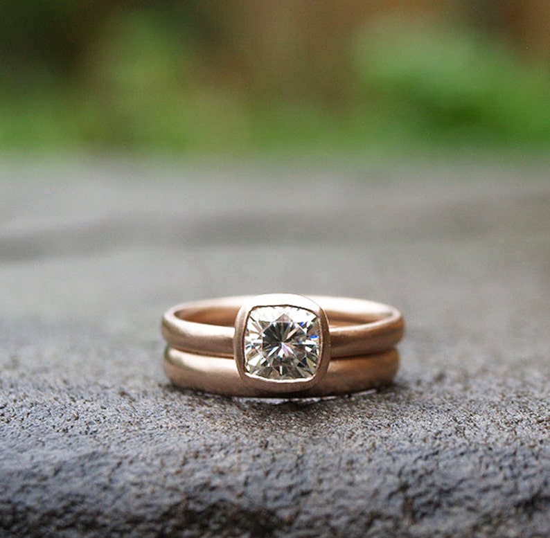 Recycled rose gold 1 ct Forever One moissanite ring set, cushion cut engagement ring set image 1