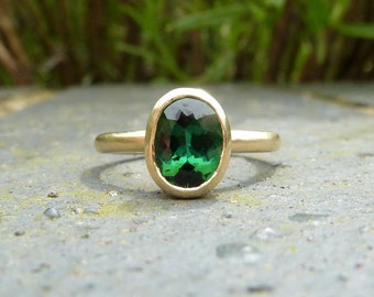 Green tourmaline recycled gold ring, green gemstone engagement ring