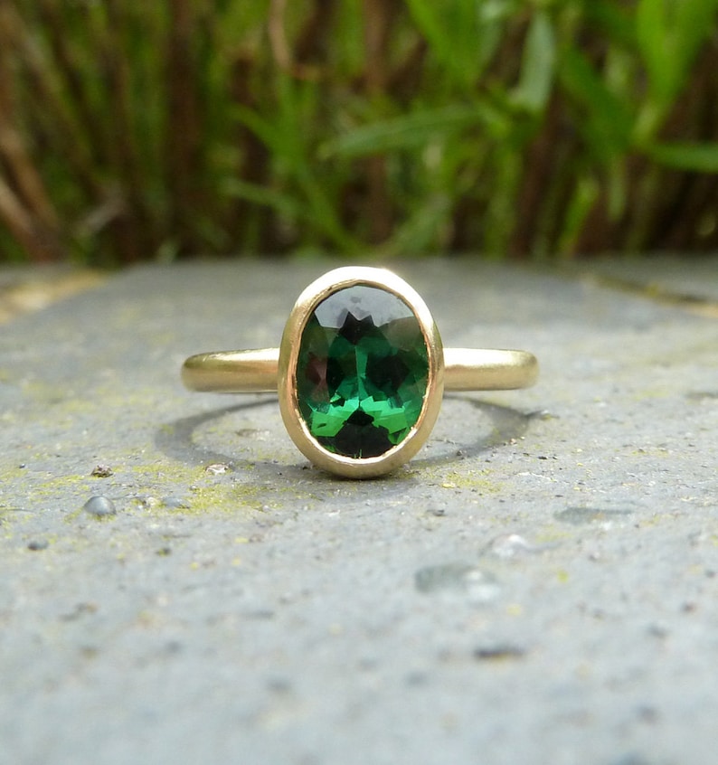 Green tourmaline recycled gold ring, green gemstone engagement ring image 1