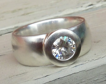 Wide silver moissanite engagement  ring, moissanite solitaire