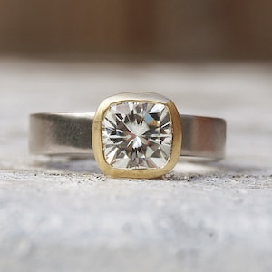 Cushion Cut Moissanite Solitaire Ring: 18ct Yellow Gold, Platinum Band image 1