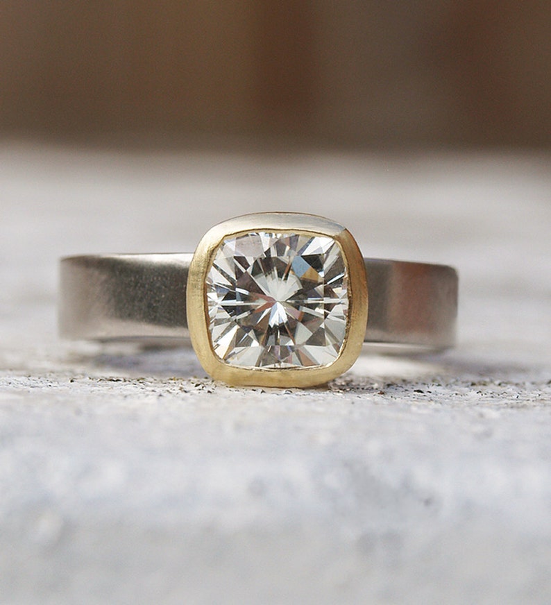 Cushion Cut Moissanite Solitaire Ring: 18ct Yellow Gold, Platinum Band image 1